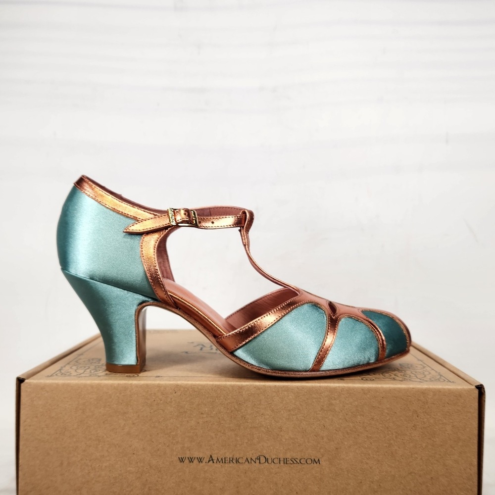 American Duchess Lilith Heels Women Size 8 Teal Copper Art Deco T-Strap Satin